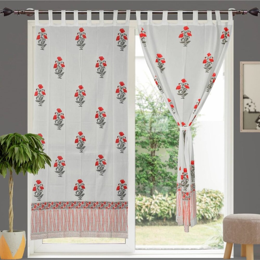 Hand Block Printed Cotton Curtains 7 feet – Set of 2 White & Red